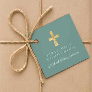 Green Script Cross Boy First Communion Favour Tags