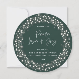 Green Script Font Peace Love+Joy Sparkling Lights Holiday Card