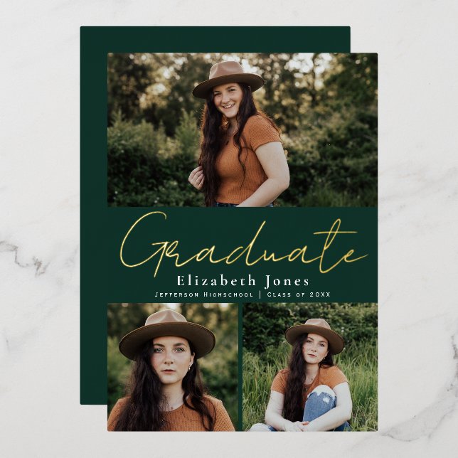 Green Script Graduation Photo Foil Announcement (Front/Back)