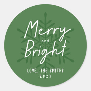 Green Script Merry & Bright Snowflakes Christmas Classic Round Sticker