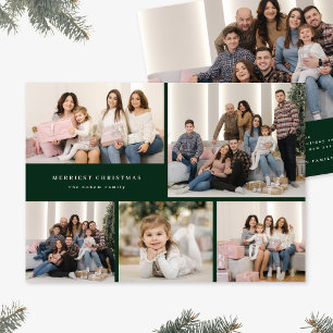 Green Script Merry Christmas Five Photo Collage Holiday Card