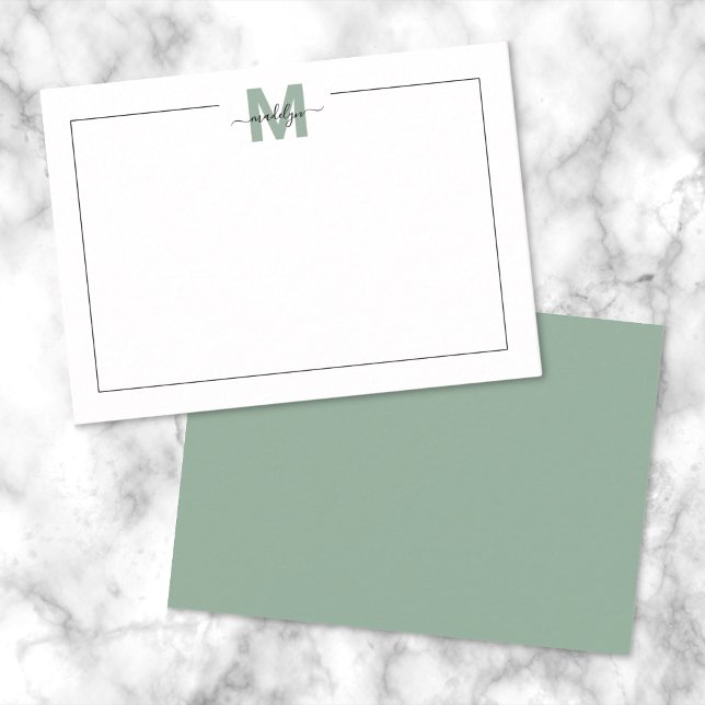 Green Script Minimalist Name Monogram Card (Green Script Minimalist Name Monogram Note Card)