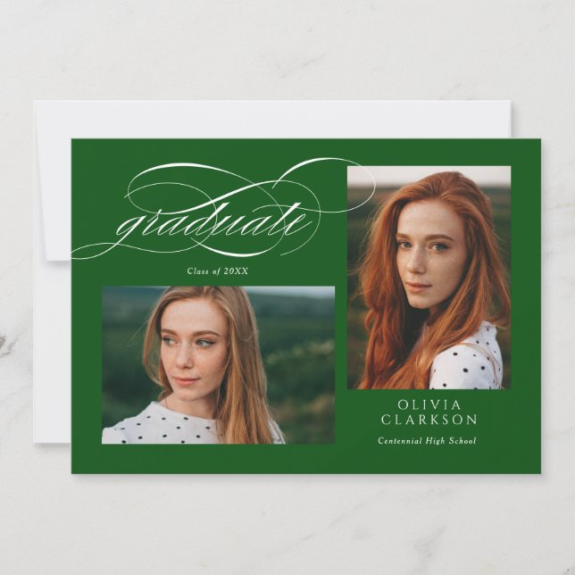 Green Script QR Code 3 Photo Graduation Party Invitation (Front)