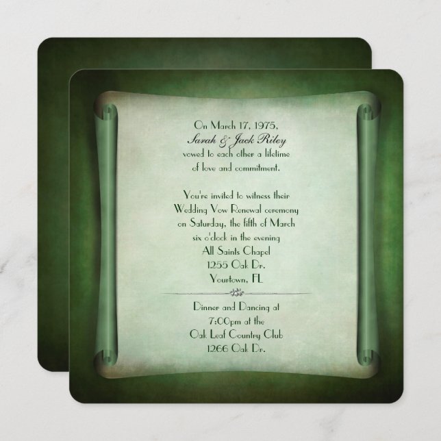 Green scroll for wedding vow renewal invitation (Front/Back)