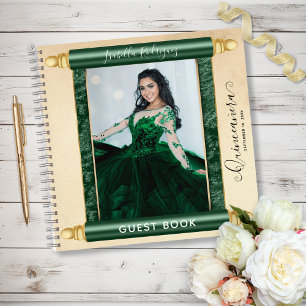 Green Scroll Photo Budget Quinceañera Guest Book