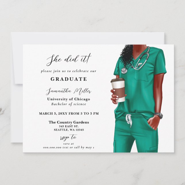 Green Scrubs Nurse Photo She Did It Graduation Invitation (Front)