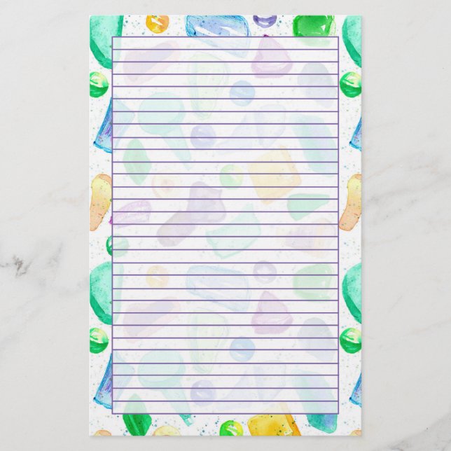 Green Sea Glass Watercolor Purple Lined Stationery (Front)