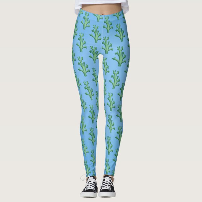 Green sea tree corals pattern on blue leggings (Front)