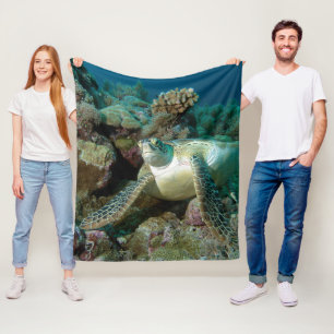Green Sea Turtle after resting among coral reef Fleece Blanket