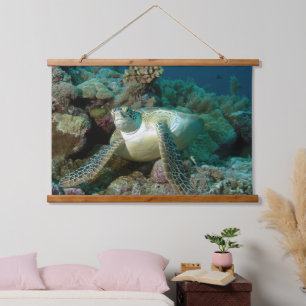 Green Sea Turtle after resting among coral reef Hanging Tapestry