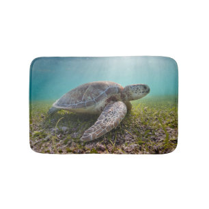 Green Sea Turtle At Dusk   Akumal Bay Bath Mat