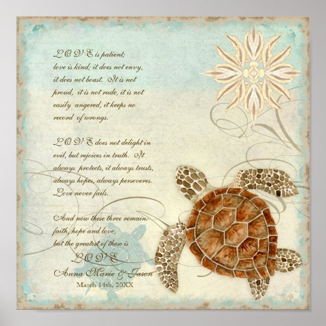 Green Sea Turtle Coastal Beach - 1 Corinthians 13 Poster (Front)