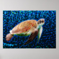 Green Sea Turtle Honu on Blue Fractal Art