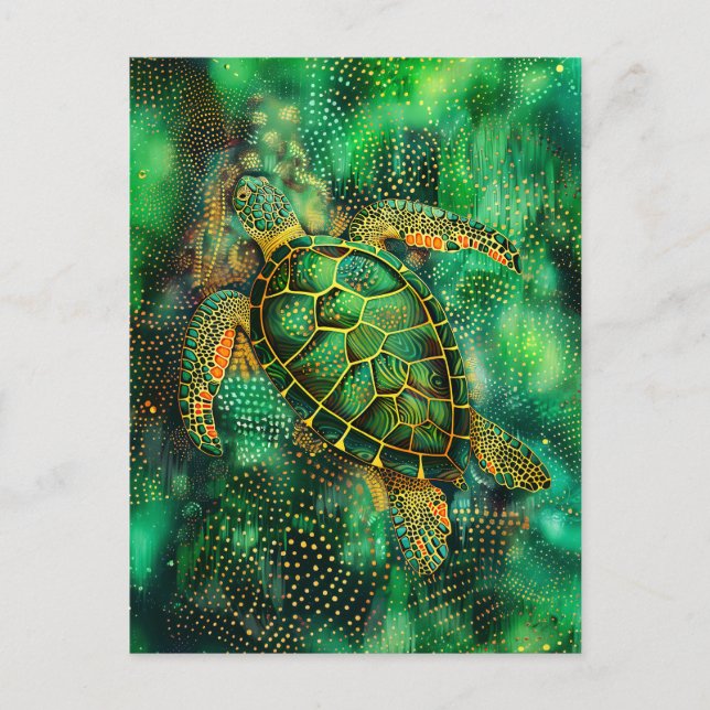 Green Sea Turtle in Aborigine Dot Art Style Postcard (Front)