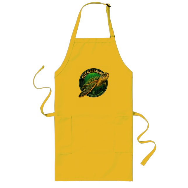 Green sea turtle inside a round ocean emblem.  long apron (Front)