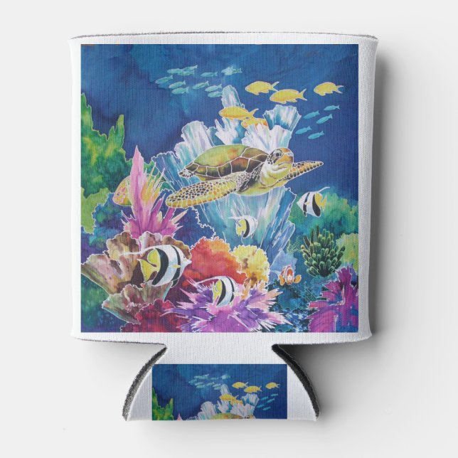 Green sea turtle Ocean Scene Can Cooler (Front)
