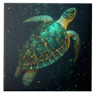Green Sea Turtle on Dark Background Tile