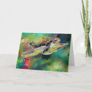 Green Sea Turtle Silk Painting Card