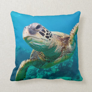Green Sea Turtle Swimming Over Coral Reef Hawaii Cushion