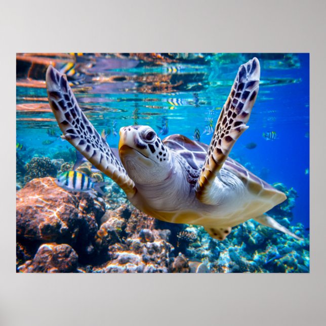 Green Sea Turtle Swimming Over Coral Reef |Hawaii Poster (Front)