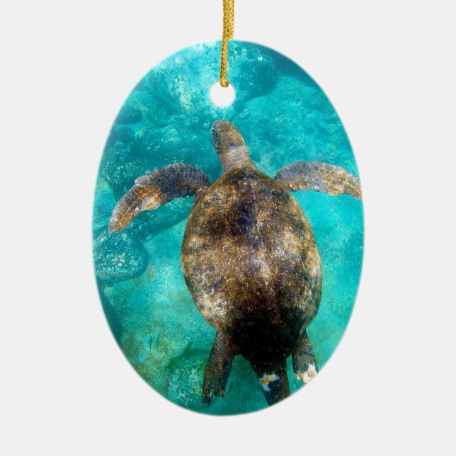 Green sea turtle swimming underwater paradise ceramic tree decoration (Front)