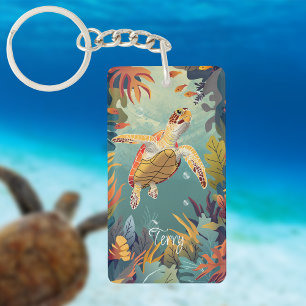 Green Sea Turtle Swims The Pacific Ocean Key Ring