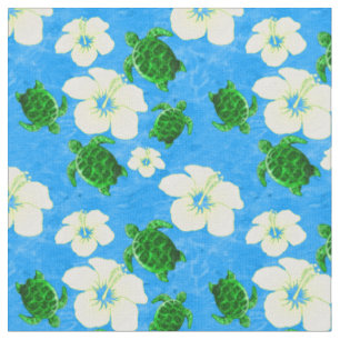 Green Sea Turtles Hawaiian Floral Pattern Fabric