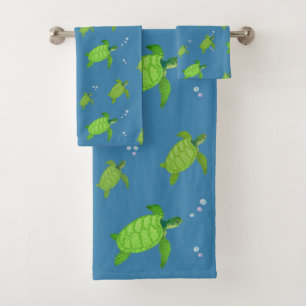 Green Sea Turtles on Turquoise Blue Bath Towel Set