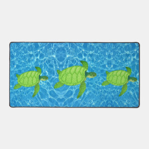 Green Sea Turtles on Turquoise Water Background Desk Mat
