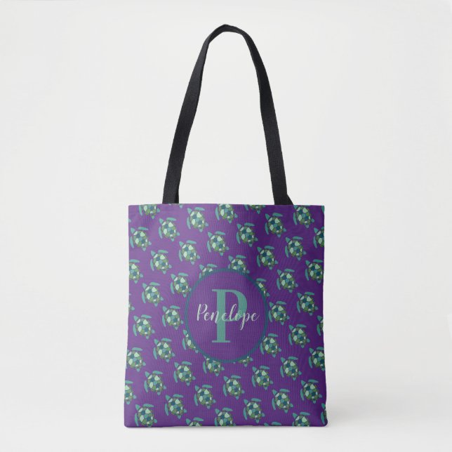 Green Sea Turtles Pattern on Purple with Monogram Tote Bag (Front)