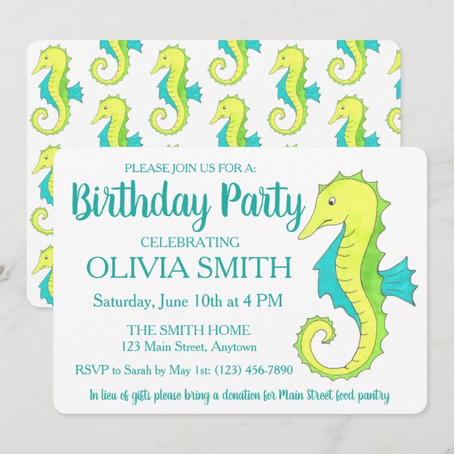 Green Seahorse Sea Horse Beach Birthday Party Invitation (Front/Back)