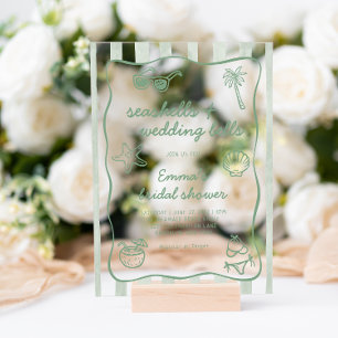 Green Seashells and Wedding Bells Bridal Shower Acrylic Invitations