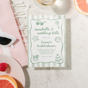 Green Seashells and Wedding Bells Bridal Shower Invitation