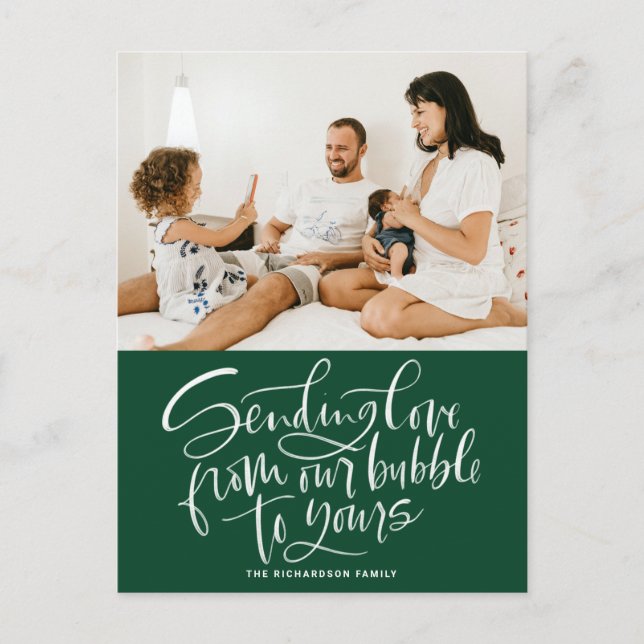 Green Sending Love from Our Bubble to Yours Photo Holiday Postcard (Front)