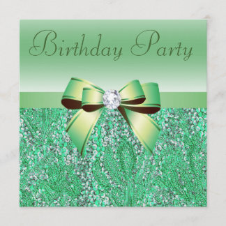 Green Sequins, Bow & Diamond Birthday Party Invitation