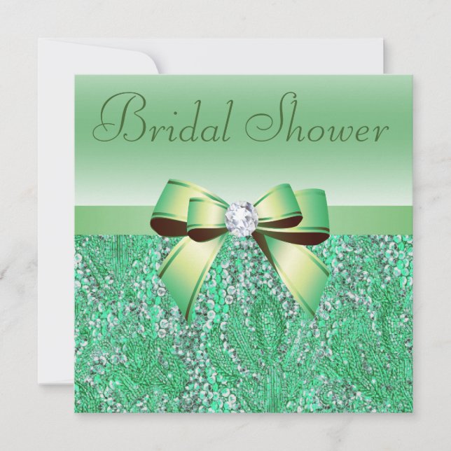 Green Sequins, Bow & Diamond Bridal Shower Invitation (Front)