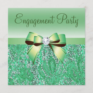 Green Sequins, Bow & Diamond Engagement Party Invitation