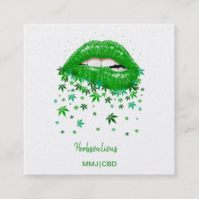 Green Sexy MMJ Lips Square Business Card (Front)