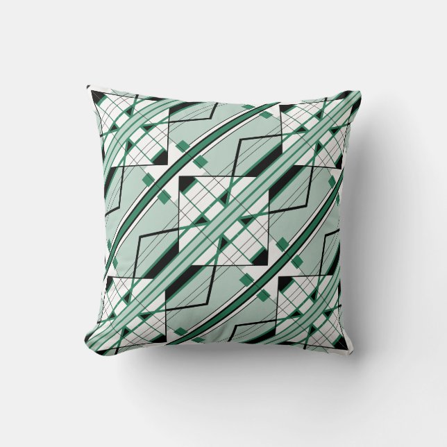 Green Shades Black White Diagonal Large Tile Motif Cushion (Front)