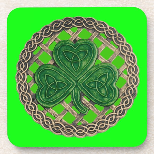 Green Shamrock And Celtic Knots Coasters (Front)