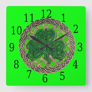 Green Shamrock And Celtic Knots Square Clock