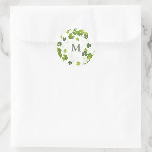 Green Shamrock bouquet monogram  St. Patrick's    Classic Round Sticker (Bag)