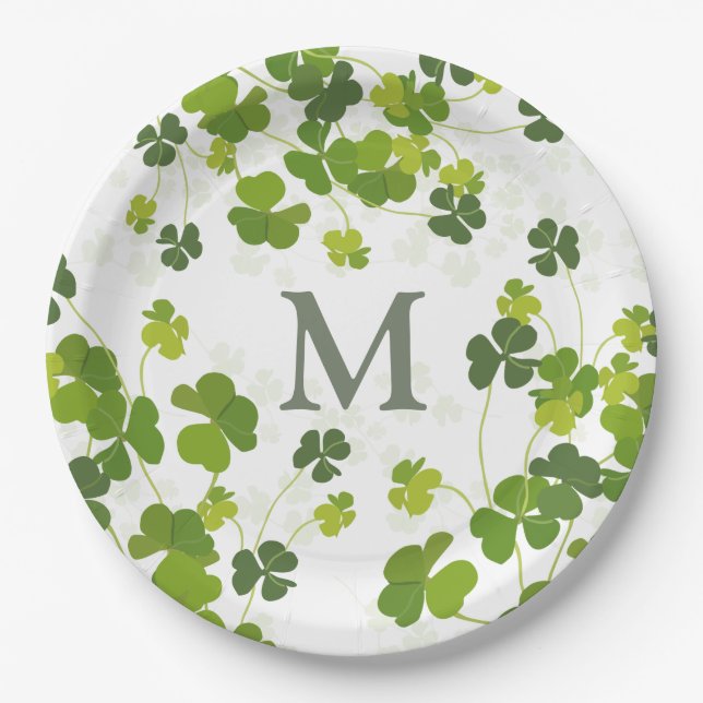 Green Shamrock bouquet monogram  St. Patrick's     Paper Plate (Front)