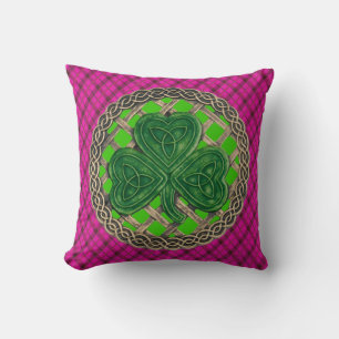 Green Shamrock Celtic Knots On Pink Plaid Cushion