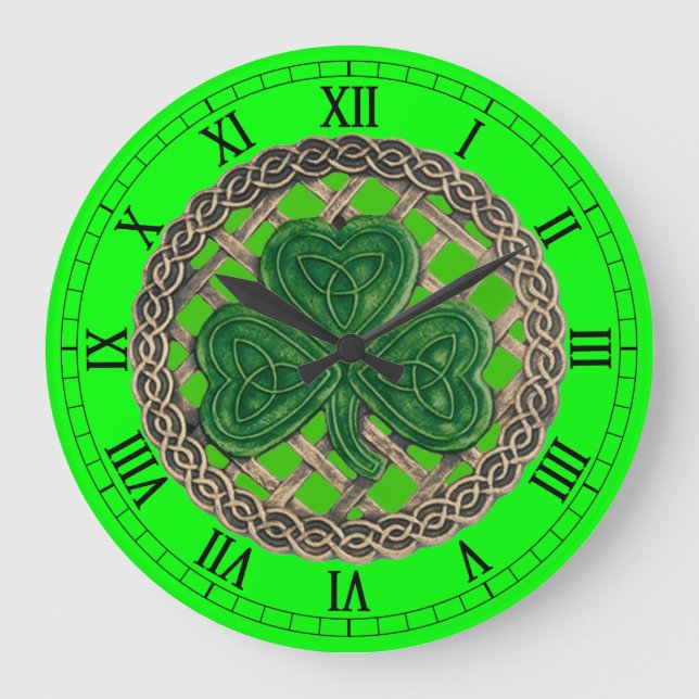 Green Shamrock & Celtic Knots Roman Numeral Clock (Front)