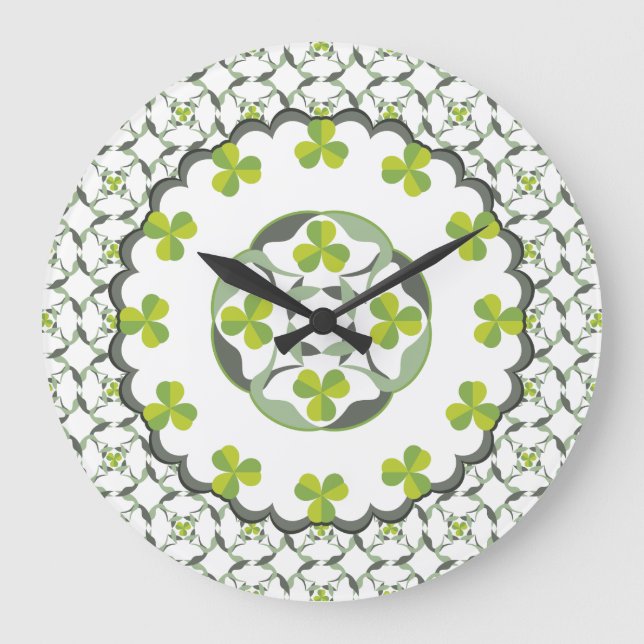 Green Shamrock Clover Celtic Pattern Large Clock (Front)
