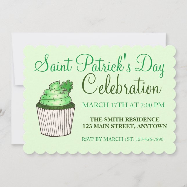 Green Shamrock Clover Cupcake St. Patrick's Day Invitation (Front)