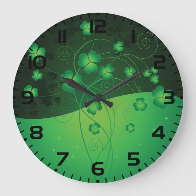 Green Shamrock Clover St Patrick’s Day Luck Large Clock (Front)