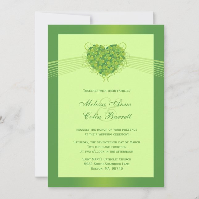 Green shamrock clovers heart wedding invitation (Front)