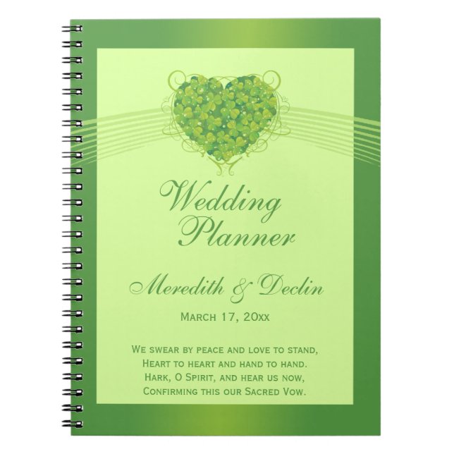 Green shamrock clovers heart wedding planner spiral notebook (Front)